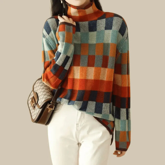 Women's Winter Roll Neck Jumper in Multicoloured Check Knit