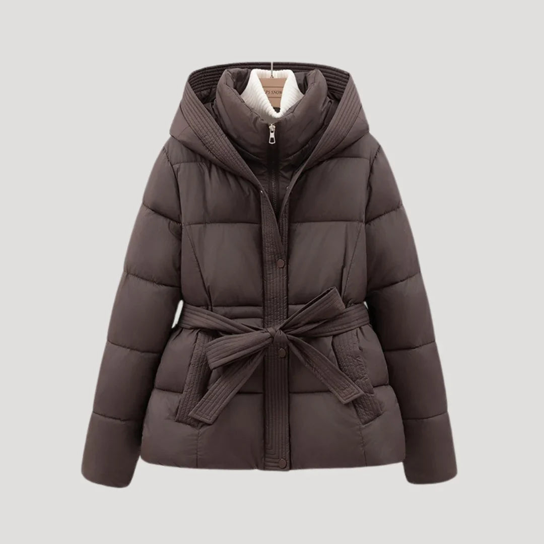 Women's Winter Quilted Puffer Jacket with Hood and Adjustable Belt