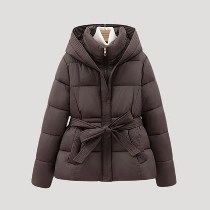Women's Winter Quilted Puffer Jacket with Hood and Adjustable Belt