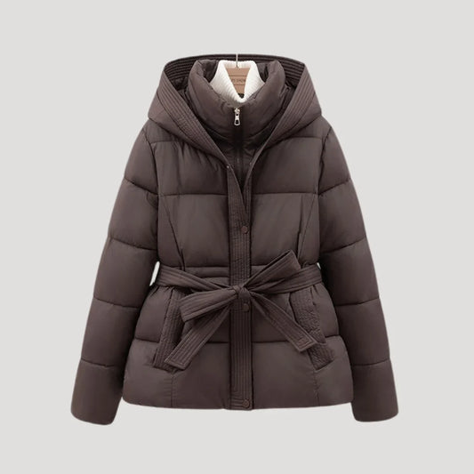 Women's Winter Quilted Puffer Jacket with Hood and Adjustable Belt