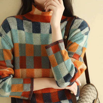Women's Winter Roll Neck Jumper in Multicoloured Check Knit